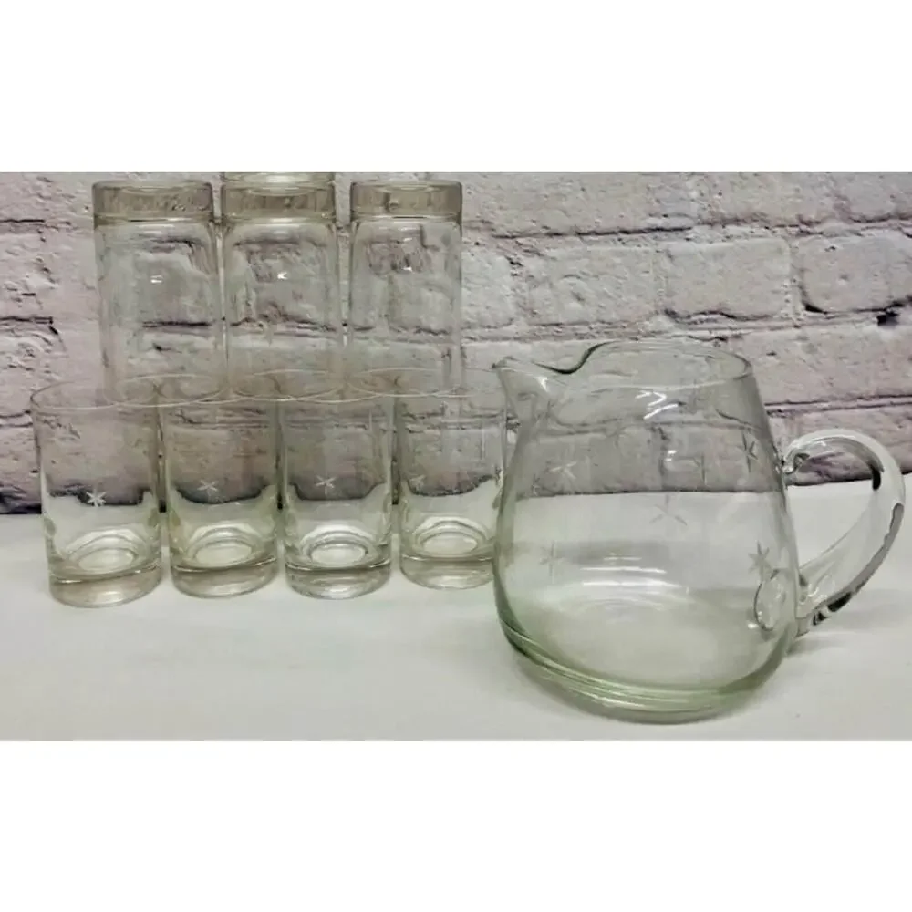 1960s Fostoria Shooting Star Etched Glass Pitcher and Glassware Set